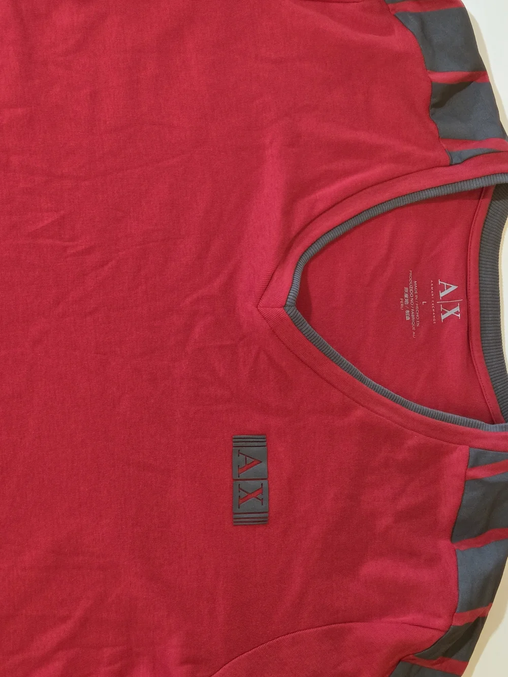 A/X Armani Exchange Red V-Neck Short Sleeve Tee with Gray Shoulder Stripes - Picture 4 of 10